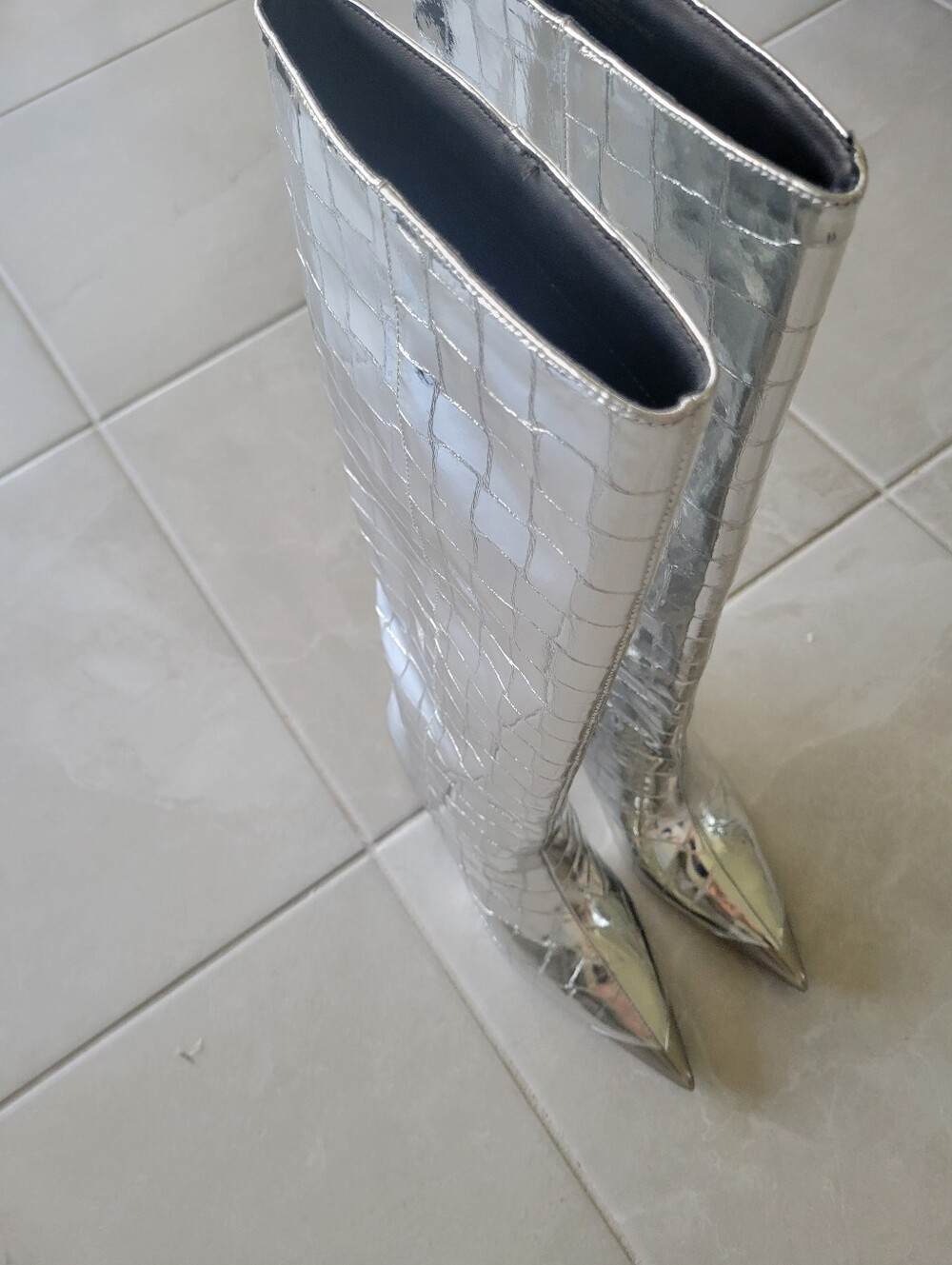 Kurt Geiger-London Metallic Silver Croc-Embossed Knee High Boots -NWT! - Picture 7 of 10